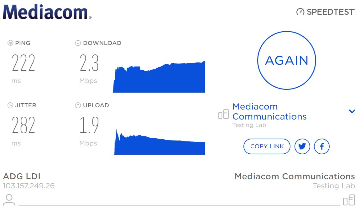 Result page of Mediacom Speed Test 